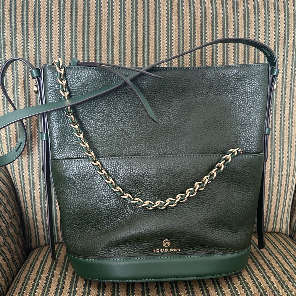 Michael Kors Dark Green Shoulder Bag with Gold Chain